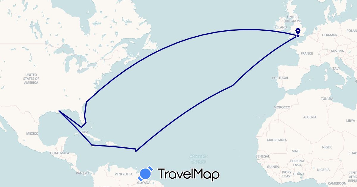 TravelMap itinerary: driving in Antigua and Barbuda, United Kingdom, Guadeloupe, Jamaica, Portugal, United States (Europe, North America)
